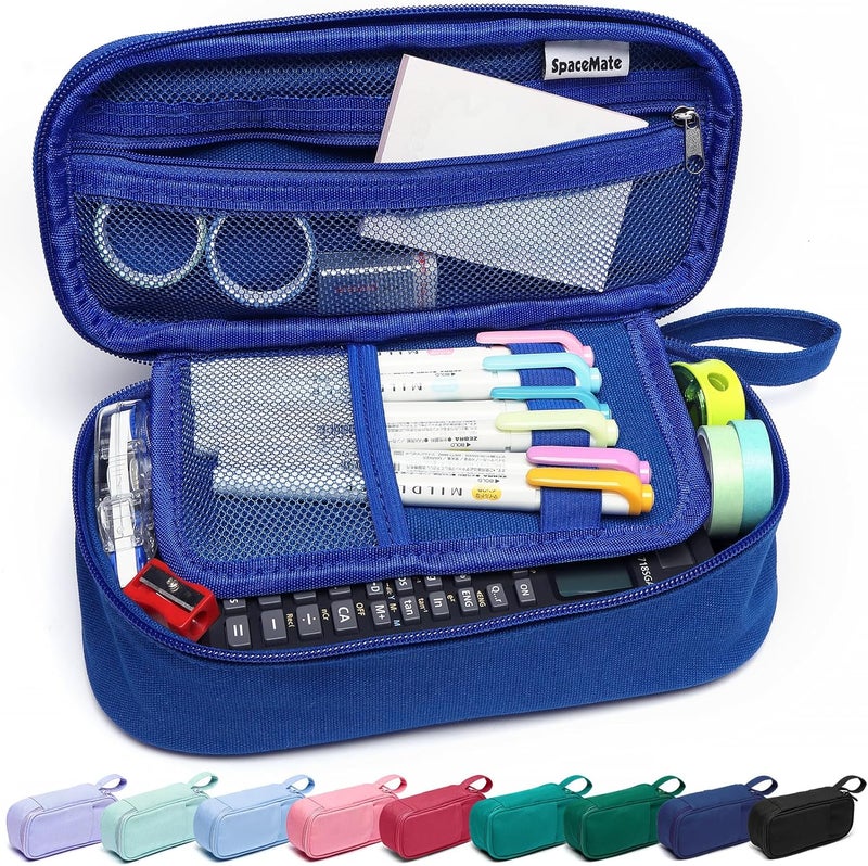 SPACEMATE Pencil Case Pouch Box Bag School Supplies Girls Boys Kids, Cute Preppy Stuff Large Big Capacity Aesthetic Pen Organizer, Back to College Stationary, Sapphire Blue, Heavy Duty Canvas, 1800ml - Image 1